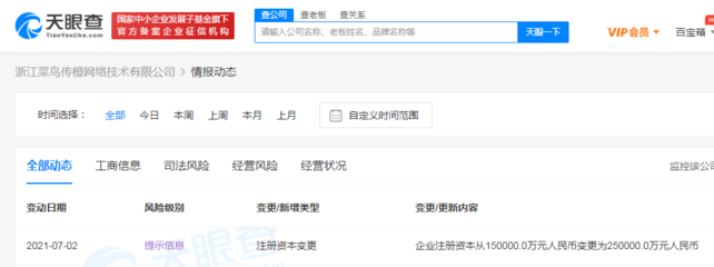 浙江菜鳥傳橙網(wǎng)絡(luò)技術(shù)注冊資本增至25億元，加速布局計算機軟硬件及外圍設(shè)備制造